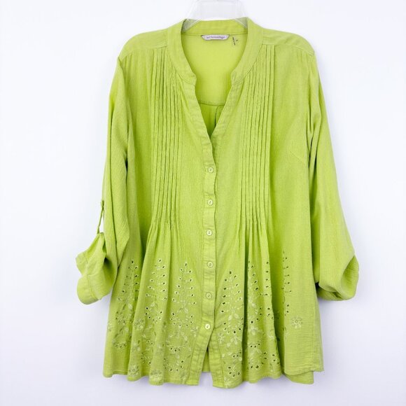 Soft Surroundings Glam Gauze  Embroidered Button Up Shirt Size 2X Green Pintuck - Picture 1 of 5